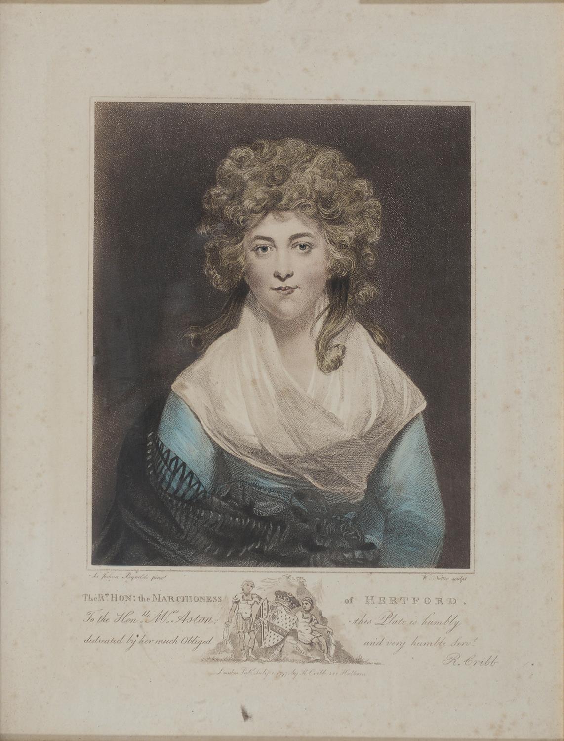 AN ENGRAVING OF THE MARCHIONESS OF HERTFORD, HAND COLOURED, 1797, PRINTED LATER, 32 X 24CM AND