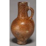 A GERMAN STONEWARE BOTTLE,  COLOGNE, LATE 17TH C, COVERED IN A TIGER GLAZE STOPPING SHORT OF FOOT,