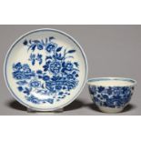 A WORCESTER TOY OR MINIATURE BLUE AND WHITE TEA BOWL AND SAUCER, C1780, TRANSFER PRINTED WITH THE
