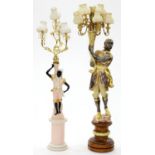 A GILT AND SILVERED WOOD BLACKAMOOR CANDELABRUM, 20TH C, IN 18TH C STYLE, ON TURNED PEDESTAL AND