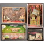 FOUR WOOD, CARD AND PAINTED DIORAMAS, VARIOUS SUBJECTS, EACH IN GLAZED CASE, 20TH C, 50CM H AND