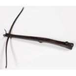 AN ENGLISH STONE BOW, LATE 18TH C, WITH FORGED IRON BOW, FOLDING FORK, RELEASE, CATCH AND TRIGEGR