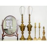 A REPRODUCTION MAHOGANY DRESSING MIRROR IN GEORGE III STYLE, 38CM H AND ONE AND TWO PAIRS OF