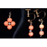 A PAIR OF CORAL BEAD AND DIAMOND PENDANT  EARRINGS AND A SIMILAR PENDANT, MOUNTED IN GOLD,