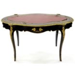 A NAPOLEON III BRASS MOUNTED, INLAID AND EBONISED CENTRE TABLE, FITTED WITH A DRAWER, ON SCROLLING