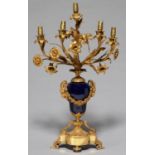 A FRENCH ORMOLU AND GILT BRASS MOUNTED SEVRES STYLE BLUE GLAZED PORCELAIN CANDELABRUM IN LOUIS XV