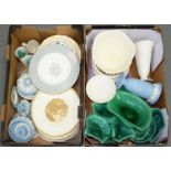 A QUANTITY OF  G WEDGWOOD GREEN GLAZED LEAF MOULDED EARTHENWARE AND OTHER CERAMICS