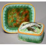 A GEORGE JONES MAJOLICA SARDINE BOX, COVER AND STAND, C1880, THE STAND AND UNDERSIDE IN