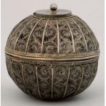 A SOUTH EAST ASIAN SPHERICAL SILVER FILIGREE BOX, EARLY-MID 19TH C, WITH  SUBSIDIARY LIDDED