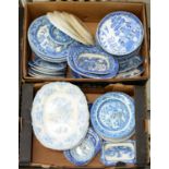 AN EXTENSIVE COLLECTION OF MAINLY 19TH C BLUE PRINTED EARTHENWARE  WILLOW PATTERN PLATES AND DISHES,