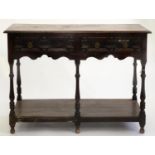 A VICTORIAN STAINED OAK DRESSER, C1900, WITH TWO GEOMETRIC MOULDED DRAWERS, BALUSTER LEGS AND POT