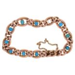 AN  EDWARDIAN TURQUOISE SET GOLD CURB  BRACELET, C1910, 18CM L, MARKED 9, 10.3G Good condition