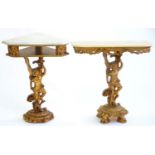 A GILTWOOD CONSOLE TABLE, 20TH C, WITH PUTTO SUPPORT AND RECONSTITUTED STONE SLAB AND A SIMILAR