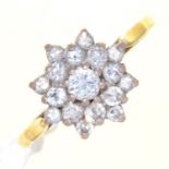 A DIAMOND CLUSTER RING, IN 18CT GOLD, 3G,  SIZE O½ Good condition, marks heavily struck and somewhat