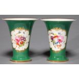 A PAIR OF JOHN RIDGWAY GREEN GROUND VASES, C1825, OF FLARED FORM, PAINTED WITH FLOWERS IN A
