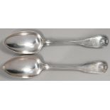 A PAIR OF GEORGE III SILVER TABLESPOONS, FIDDLE, THREAD AND SHELL PATTERN, INITIALLED F, BY