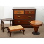 A MAHOGANY CHEST OF DRAWERS, EARLY 20TH C, 82CM H; 100 X 57CM, AN INLAID WALNUT WORK TABLE, 43CM H X