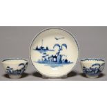 A LIVERPOOL TOY OR MINIATURE BLUE AND WHITE SAUCER AND PAIR OF TEA BOWLS, JOHN AND JAMES PENNINGTON,