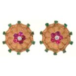 A PAIR OF RUBY, DIAMOND AND EMERALD EARRINGS, MID 20TH C, IN GOLD, UNMARKED, 21MM, 18.2G Good