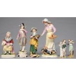 FIVE VARIOUS CONTINENTAL PORCELAIN FIGURE,  IN 19TH C,  STYLE AND A STAFFORDSHIRE EARTHENWARE FIGURE