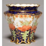 AN HEXAGONAL ROYAL CROWN DERBY VASE, 1899, DECORATED WITH POPPIES BETWEEN COBALT AND GILT BORDERS,