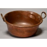 A VICTORIAN TWO HANDLED COPPER PRESERVING PAN, MID 19TH C, WITH ROLLED RIM, 41CM DIA A well