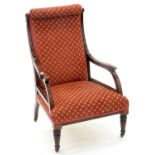 A VICTORIAN MAHOGANY DINING CHAIR, THE SCROLL BACK WITH HEAD REST, MOULDED ARMS, ON REEDED