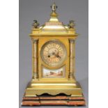 A FRENCH ARCHITECTURAL SILVERED AND PATINATED BRASS MANTLE CLOCK, C1890, THE EARTHENWARE DIAL AND