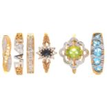 SIX  RINGS, VARIOUSLY GEM SET IN GOLD, 12.4G, SIZES N, P