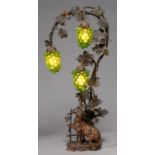 A BRONZED METAL AND GREEN AND AMBER GLASS AESOP'S 'FOX AND GRAPES' FABLE ELECTRIC LAMP, C1920, FOX