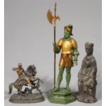 A GREEN AND GILT PAINTED SPELTER STATUETTE OF A HALBERDIER, 68CM H AND TWO OTHER SMALLER
