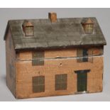 A PAINTED WOOD BOX IN THE FORM OF A HOUSE, 20TH C, IN REGENCY STYLE, DECORATED TO EACH SIDE, WITH