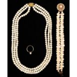 A CULTURED PEARL TWO ROW BRACELET,  THREE ROW NECKLACE AND RING (3) Good condition