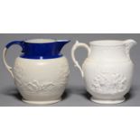 A SPODE FELSPATHIC STONEWARE HUNTING JUG, C1810, THE UPPER PART IN VIVID BLUE GLAZE, 20CM H,