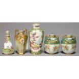 TWO AND A PAIR OF NORITAKE PORCELAIN VASES AND A SCENT BOTTLE AND STOPPER, C1930, PAINTED WITH
