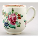 A LIVERPOOL POLYCHROME COFFEE CUP, PHILIP CHRISTIAN, C1770-1775, PAINTED WITH LOOSE BOUQUET AND