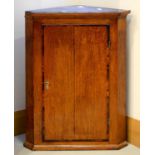 AN OAK HANGING CORNER CUPBOARD, 19TH C, WITH CROSSBANDED DOOR, 102CM H; 75 X 44CM Split to door,