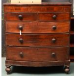 A VICTORIAN MAHOGANY BOW FRONTED CHEST OF DRAWERS, ON TURNED FEET, 121CM H; 110 X 53CM Numerous