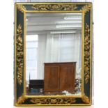 A BRONZE GREEN PAINTED AND GILTWOOD MIRROR, 19TH C AND LATER, THE UNBEVELLED RECTANGULAR PLATE IN