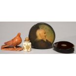 A GEORGE III NAVETTE SHAPED PAPIER MACHE SNUFF BOX, C1790, 75MM L, AN EARLY 19TH C ROUND PAPIER