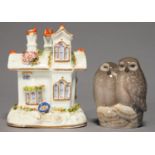 A STAFFORDSHIRE COTTAGE ORNEE PASTILLE BURNER, C1830, 12CM H  AND A ROYAL COPENHAGEN GROUP OF OWLETS