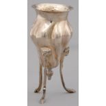 A VICTORIAN SILVER SPIRALLY LOBED  THREE  VASE, ON THREE RAM'S HEADED LEGS AND HOOF FEET, 14CM H,