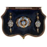 A VICTORIAN GOLD AND LAVENDER BLUE ENAMEL DEMI PARURE, C1870,   THE  EARRINGS WITH WIRE LOOP, BROOCH