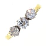 A DIAMOND THREE STONE RING WITH OLD CUT DIAMONDS, IN 18CT GOLD, LONDON 1977, 3.5G Good condition