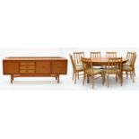 A TEAK DINING TABLE, 73CM H; 159 X 107CM (200CM L WHEN EXTENDED), A SIDEBOARD, 77CM H; 199 X 45CM