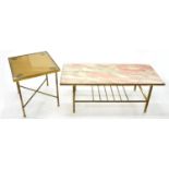 A 1960'S BRASS LOW TABLE WITH NORWEGIAN PINK MARBLE SLAB, 53CM H; 50 X 45CM AND ANOTHER CONTEMPORARY