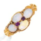 A VICTORIAN OPAL AND AMETHYST RING, IN 15CT GOLD WITH CHASED SHOULDERS, BIRMINGHAM 1869, 1.6G,  SIZE