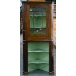 A GEORGE III FRUITWOOD AND MAHOGANY STANDING CORNER CUPBOARD WITH OPEN LOWER PART, EARLY 19TH C,