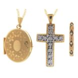 A 9CT TWO COLOUR GOLD CROSS, 33MM, A GOLD LOCKET, RING AND TWO NECKLETS, 7.6G (4) Good condition