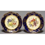 A PAIR OF HAMMERSLEY & CO  DESSERT PLATES, C1920, DECORATED WITH FRUIT IN COBALT AND GILT BORDER,